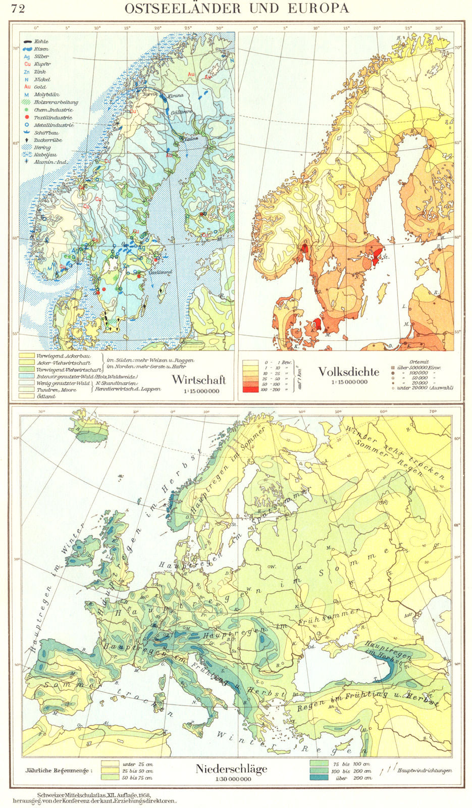 SCANDINAVIA.Ostseelander Europa;Wirtschaft;Volksdichte;niederschlage 1958 map